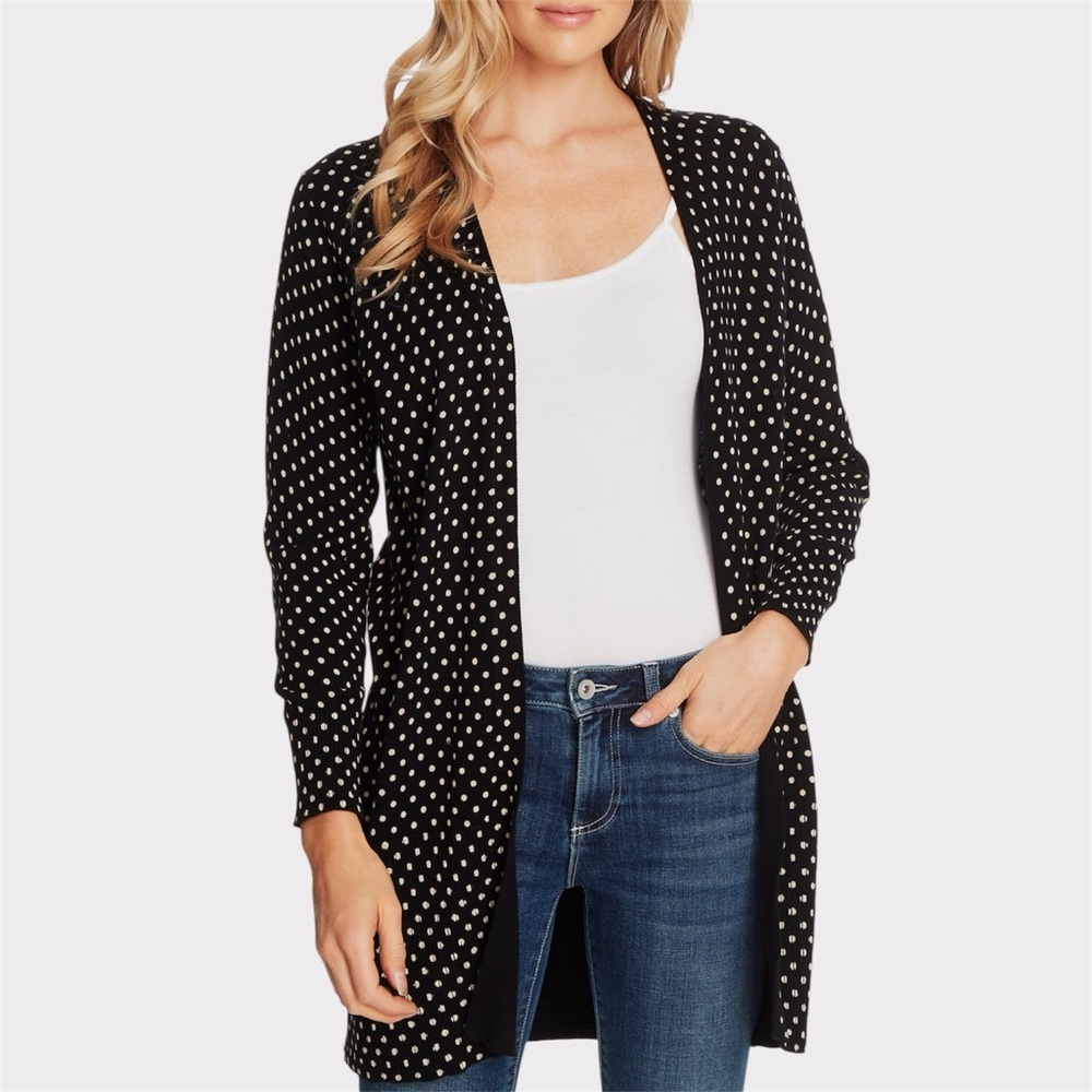 CeCe XS Black White Polka Dot Long Open Front Cardigan